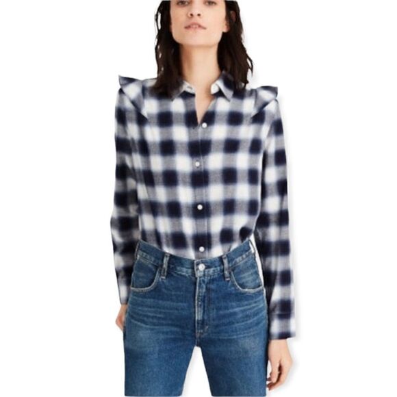 Club Monaco Evira Cotton Plaid Flannel Ruffle Button Down Shirt - Picture 1 of 9